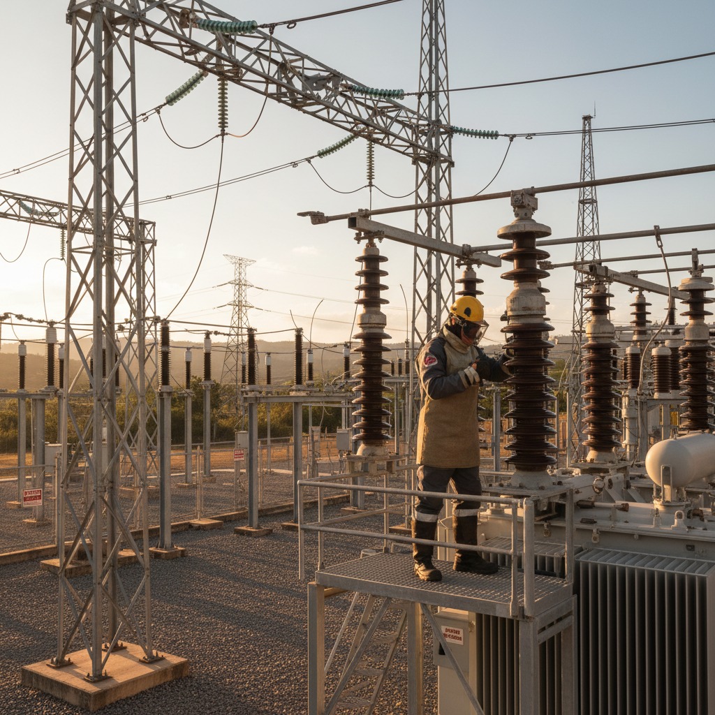 Um trabalhador com EPI, incluindo capacete branco e viseira, realiza vistoria em uma subestação de energia ao ar livre. sem vegetação ao fundo equipamentos de alta tensao

