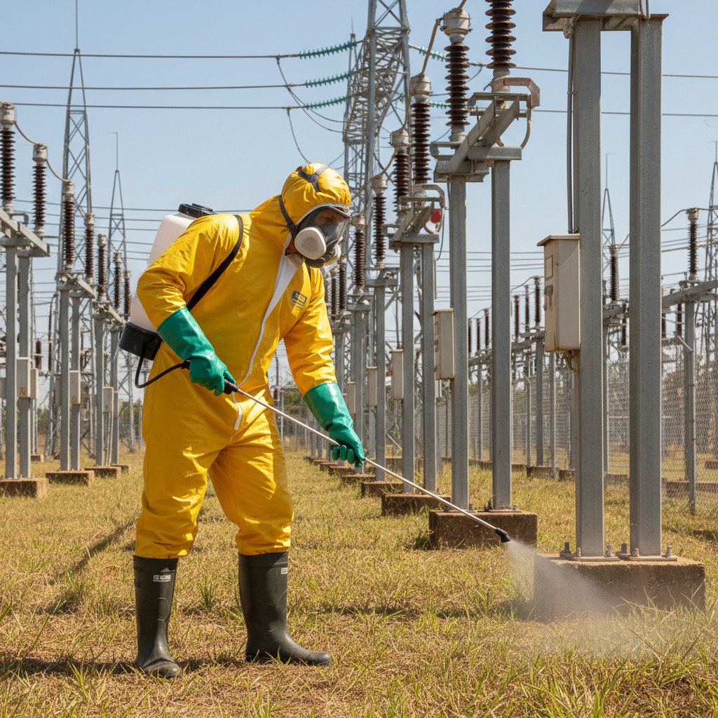 Trabalhador com traje de proteção amarelo, máscara e botas de borracha aplica herbicida com um pulverizador costal em uma subestação elétrica.